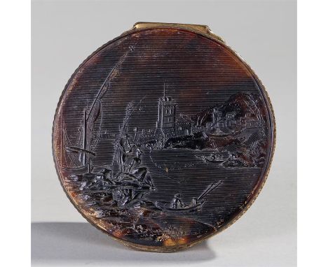 Early 19th Century pressed tortoiseshell snuff box, the circular lid pressed with a canal scene, fishing boats on the near ba