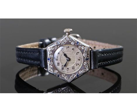 Rolex silver diamond and sapphire ladies wristwatch, the diamond and sapphire set hexagon case with silvered dial, Arabic hou