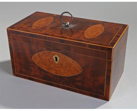 Unusual Regency mahogany and burr elm tea caddy, the rectangular box with boxwood strung edge and burr elm oval panels, the i