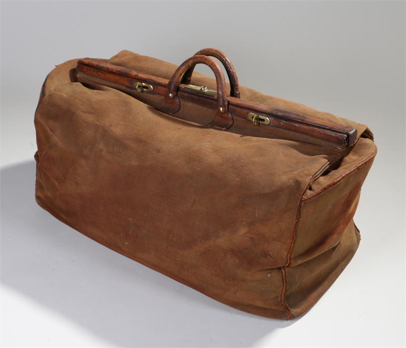 Large 19th Century Gladstone bag, with leather fittings and canvas bag