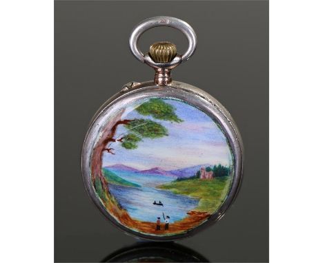 Silver and enamel pocket watch, the pictorial enamel back with a lake scene, green enamel chapter ring and white enamel dial,