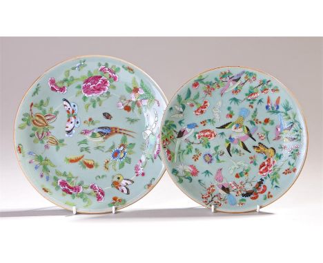 Two Chinese Canton celadon enamel plates, the first decorated with a central bird, butterflies and flowers, 21.5cm wide, the 