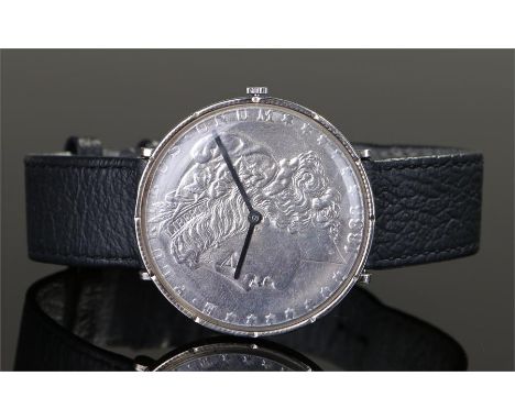 USA 1883 silver dollar wristwatch, the dial as a silver dollar, dated 1883, manual wound, case 38mm diameter