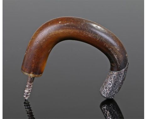 Victorian Rhinoceros horn walking stick handle, with white metal mounted end, 10cm wide