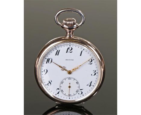Zenith silver openface pocket watch, the white enamel signed dial with Arabic hours and subsidiary seconds dial, crown wound,