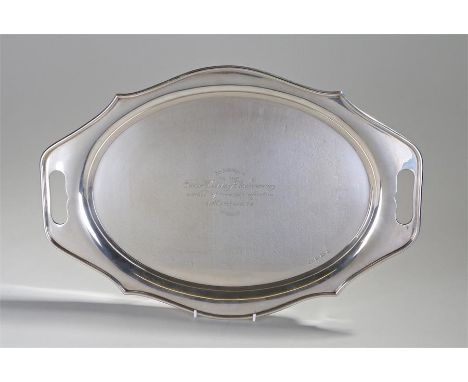 Elizabeth II silver tray, Sheffield 1956, maker Viners Ltd - Edward Viner, the oval tray with undulating edge, presentation i