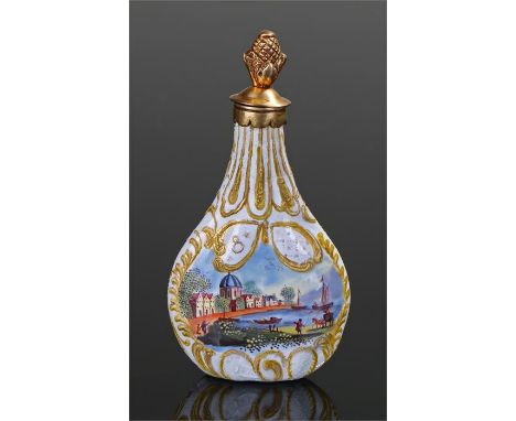 18th century enamel snuff bottle, the gilt metal acorn finial above a white and gilt heighten enamel bottle, with polychrome 