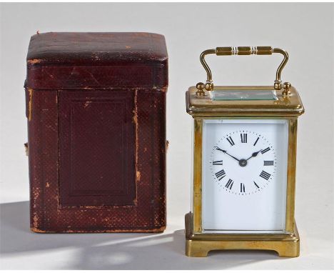 French gilt brass carriage clock, the gorge case with bevelled glass sides and top, white enamel dial with Roman hours, lever