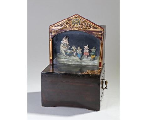 19th Century German Symphonion automaton musical box, the cam-operated card figures of dancing pigs within a glazed box with 