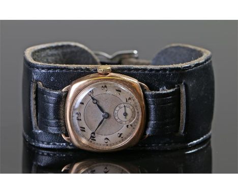 9 carat gold gentleman's wristwatch, the silvered dial with black Arabic hours, subsidiary seconds dial, manual wound, case 2