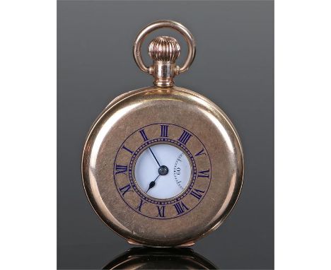 Rolex half hunter gold plated pocket watch, the case with a blue enamel dial opening to reveal a white enamel dial with subsi