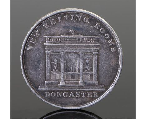 Doncaster Race Course, Silver Ticket, two horses race neck and neck to left, Established 1800, reverse building façade, New B