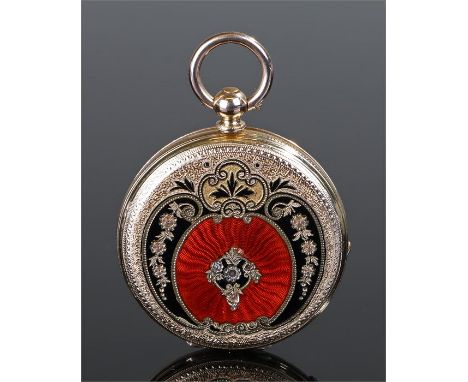 14 carat gold and enamel open face pocket watch, the case back with red guilloche and black enamel back, gilt dial with black