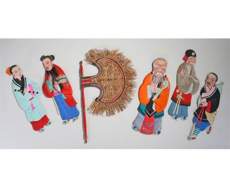 Five silk puppet figures, four of men, one of a lady, together with a straw axe (6)