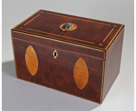 Regency mahogany and satinwood inlaid tea caddy, with a lion mask handle to the hinged lid, enclosing a pair of lidded tea co