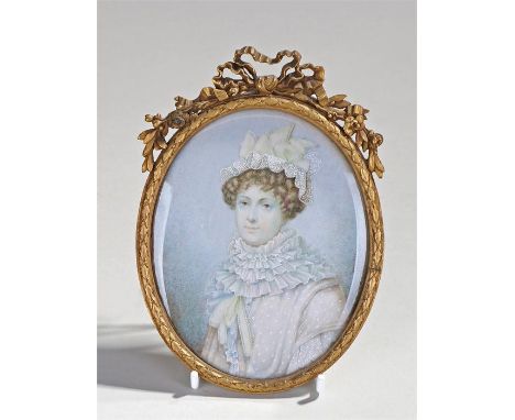 Portrait miniature of a lady wearing a lace cap and large ruff, lower right hand side signed Cosway 1790, 5.5cm