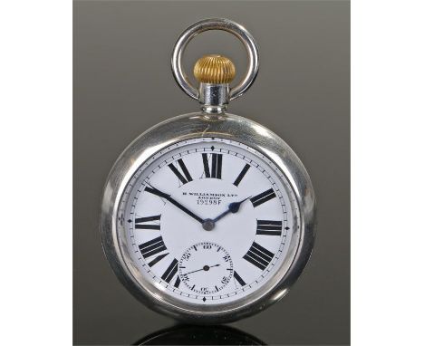 First War military openface pocket watch, signed H Williamson Ltd, London, the white enamel dial with Roman hours subsidiary 