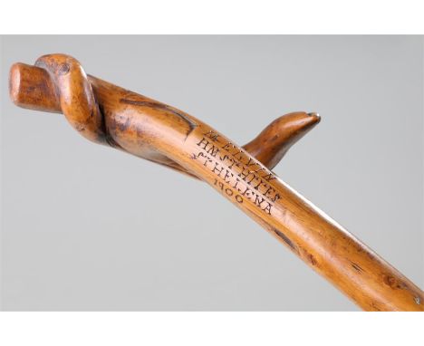 Boer War interest walking stick, the stick with a carved shaped top engraved with the text " M ELVIN HM STHIIES H, St HELENA 