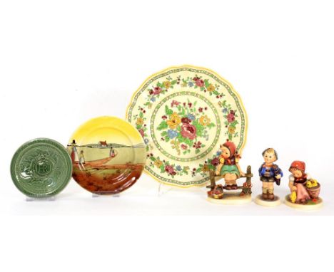 THREE W. GOEBEL FIGURES OF CHILDREN MODELLED BY M.J HUMMEL, LARGEST 14CM H, TWO ROYAL DOULTON PLATES AND A WADE CORONATION CO