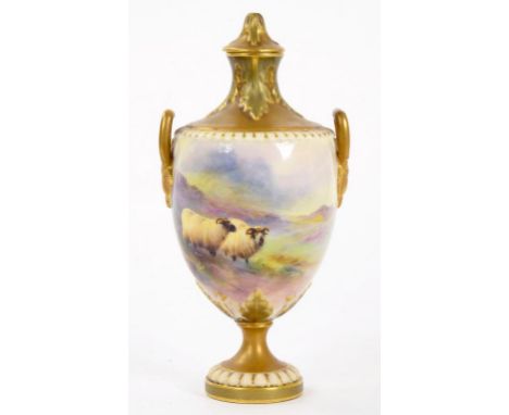 A ROYAL WORCESTER VASE AND COVER OF SHIELD SHAPE, THE VASE PAINTED WITH SHEEP ON A MISTY HILLSIDE, 18.5CM H EXCLUDING COVER, 