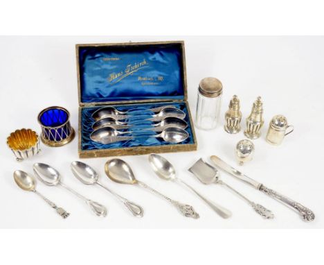 FIVE VARIOUS SILVER CONDIMENTS, INCLUDING A WIREWORK SALT CELLAR WITH BLUE GLASS LINER, VARIOUS SIZES, MAKERS AND DATES AND M