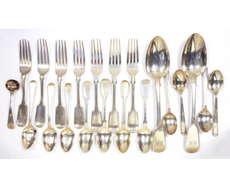 MISCELLANEOUS SILVER FLATWARE, LONDON, VARIOUS MAKERS, 19TH CENTURY, 21OZS