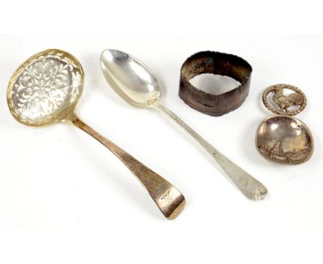 A GEORGE IV SILVER SUGAR SIFTER, OLD ENGLISH PATTERN, CRESTED, LONDON 1827, A SILVER SPOON, NAPKIN RING AND CONTINENTAL SILVE