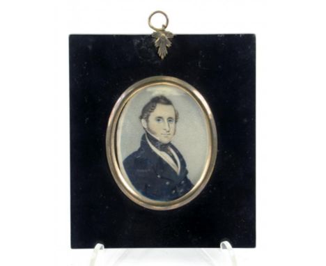 ENGLISH SCHOOL, EARLY/MID 19TH CENTURY, PORTRAIT MINIATURE OF A GENTLEMAN IN A BLUE COAT, IVORY, OVAL, 7CM X 5.5CM, PAPIER MA