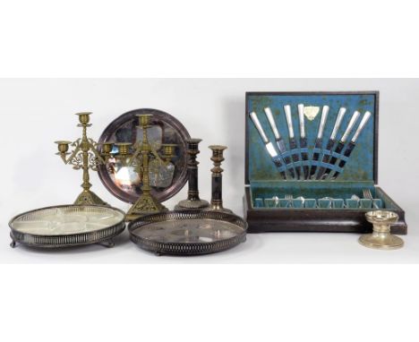 A PAIR OF 19TH C ORNATE BRASS CANDELABRA ON PIERCED PYRAMIDAL FOOT, 31CM H, A PAIR OF OLD SHEFFIELD PLATE CANDLESTICKS, A PLA