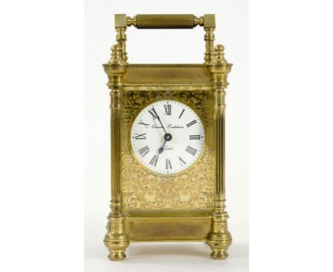 A FRENCH BRASS CARRIAGE CLOCK, THE ENAMEL DIAL INSCRIBED CHARLES FRODSHAM LONDON, WITH FOLIATE PIERCED MASK, THE TIMEPIECE WI