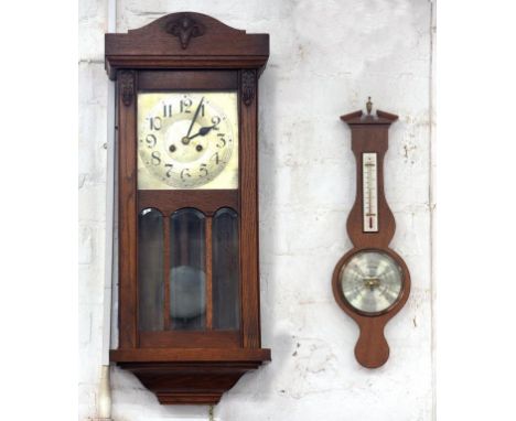 AN OAK WALL CLOCK, 80CM H, 1930S AND A REPRODUCTION BAROMETER
