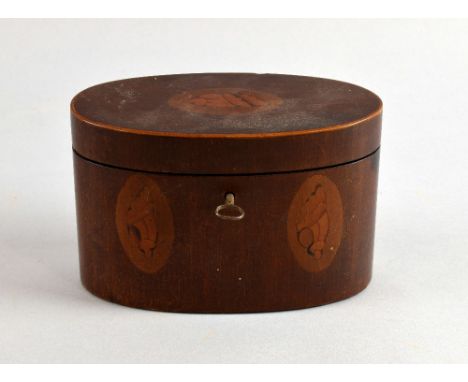 19th century mahogany oval shell inlaid tea caddy with hinged cover, 11cm x 17cm x 8cm,.     General wear and tear.Chips, cra