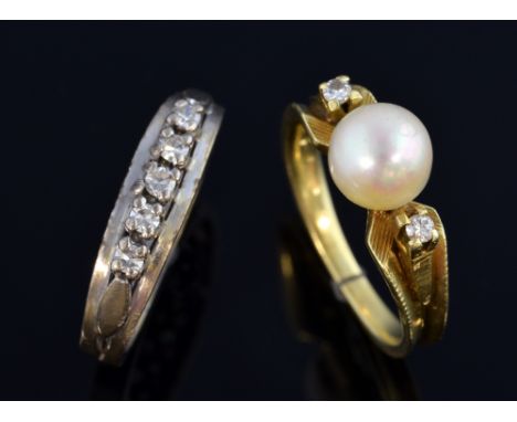 Two rings a five stone diamond ring, unmarked tested as 18 ct white gold, ring size E and a pearl ring with small diamonds on