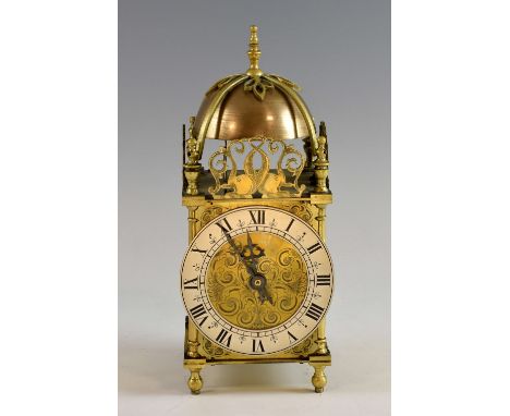 20th century brass lantern clock of typical form, French movement, English case, 29cm high.     