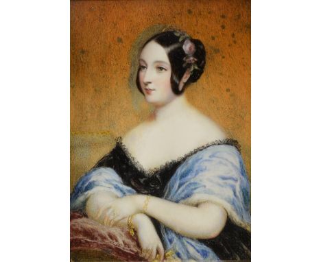 19th century portrait miniature on ivory of a young woman in a black dress and blue shawl with flowers in her hair, 12.5cm x 