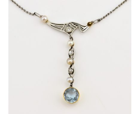 Edwardian old cut diamond aquamarine and pearl pendant, three old cut diamond and four pearls alternately set drop, ending wi