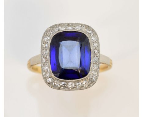 Art Deco ring set with  synthetic sapphire and diamond, central rectangular cushion cut sapphire, surrounded by Swiss cut dia