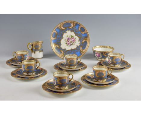 Royal Worcester tea service painted with flowers within sky blue borders comprising 6 cups, 6 saucers, 6 tea plates, 1 bread 