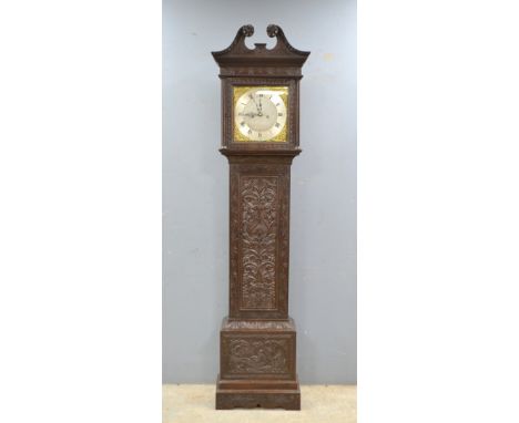 19th Century eight day long case clock by Thomas Farrer of Saxmundham, brass with silvered dial, with subsidiary second dial,