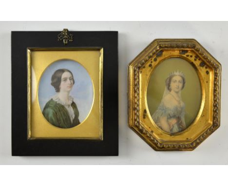 19th Century portrait miniature of a young woman in a green dress  - 10 x 8 cm and a Pears type print of young Queen Victoria