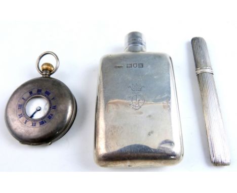 Edward VII silver flask and cover of plain form, by Charles & George Asprey, London, 1905, pencil holder and a silver cased h