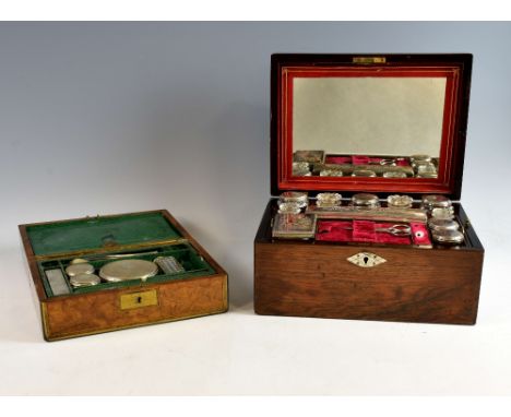 Gentlemans' walnut dressing table box, with green leather fitted interior bottles and jars with silver plated mounts, two ivo