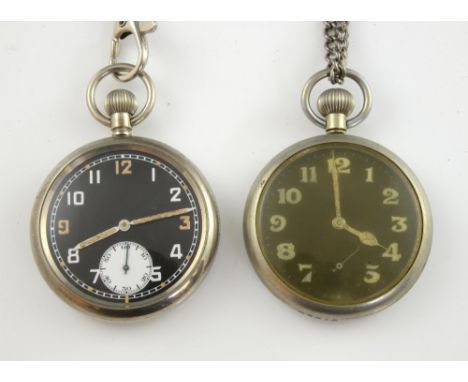 Two military pocket watches, one with black dial Arabic numerals and sub dial, back of case engraved with arrow mark G.S MKII