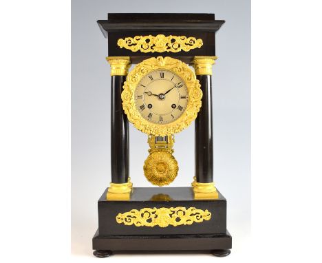 French ebonized and gilt mounted portico clock, the two train movement marked Streel. 38cm high .     case overall good, no m