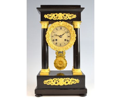 French ebonized and gilt mounted portico clock, the two train movement marked Streel. 38cm high .     case overall good, no m