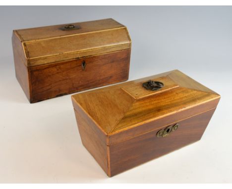 19th Century mahogany and satinwood cross banded tea caddy, the hinged cover enclosing two compartments and mixing caddy, 17c