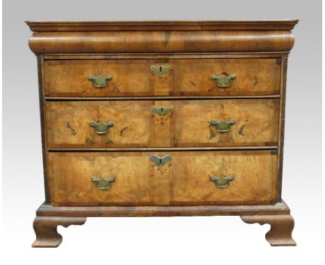 18th/19th century walnut chest with wide crossbanding and book-matched veneers, with a single cushion drawer over three long 