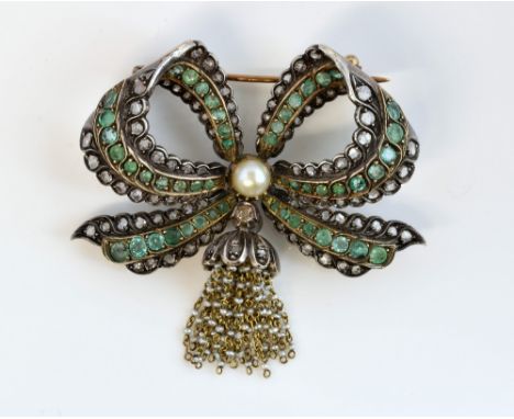 Antique emerald and diamond bow brooch, with central natural pearl, emeralds and rose-cut diamonds, pavé set in silver gilt, 