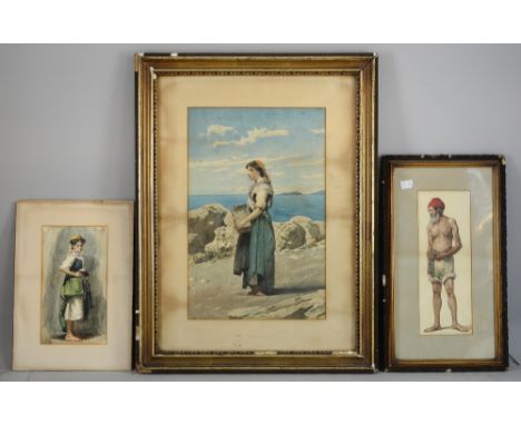 Late 19th/early 20th  century watercolour portrait of a man, 28cm x 10cm,  another a woman 23cm x 13cm , and another by Feder