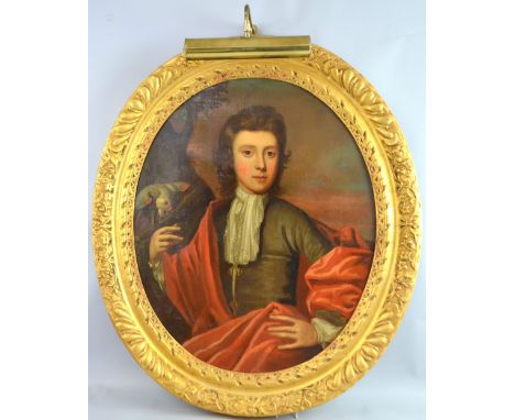 19th Century portrait of a young boy with a parrot, unsigned oil on canvas - 74 x 81 cm  .     Cracking to picture surface.Re